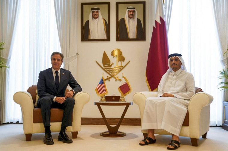 Qatar's Prime Minister and Foreign Affairs Minister Sheikh Mohammed bin Abdulrahman bin Jassim al-Thani receives US Secretary of State Antony Blinken in Doha on October 24, 2024. (Photo by Nathan Howard / POOL / AFP) (Photo by NATHAN HOWARD/POOL/AFP via Getty Images)