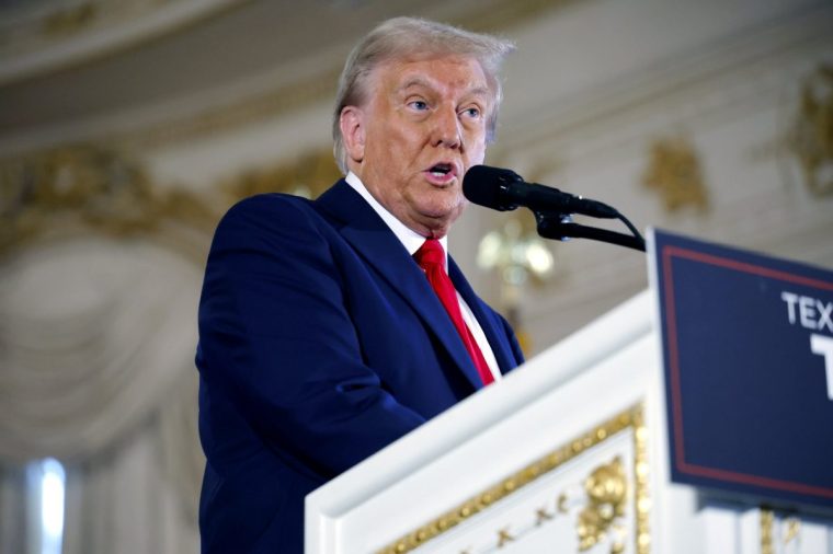 PALM BEACH, FLORIDA - OCTOBER 29: Republican presidential nominee, former U.S. President Donald Trump speaks during a press conference in the ballroom of the Mar-a-Lago Club on October 29, 2024 in Palm Beach, Florida. With one week until Election Day, Trump is scheduled to travel to the battleground state of Pennsylvania to campaign in Drexel Hill and Allentown. (Photo by Chip Somodevilla/Getty Images)