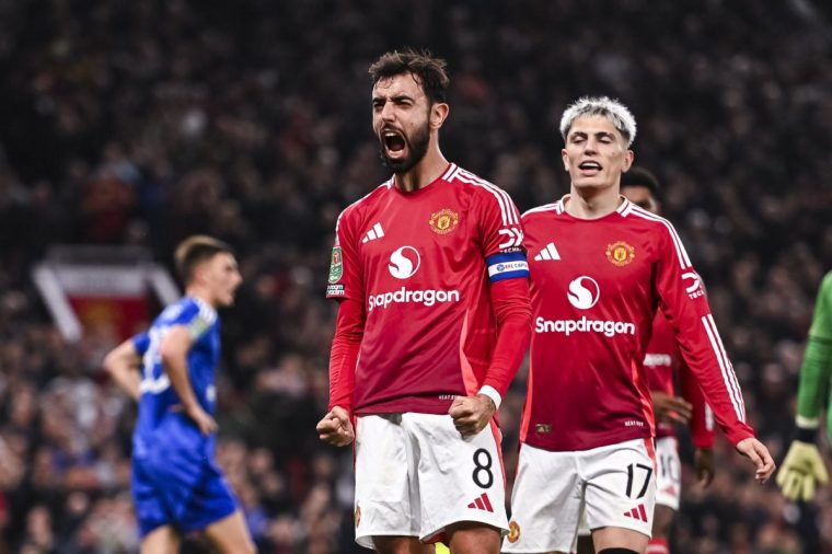 MANCHESTER, ENGLAND - OCTOBER 30: Bruno Fernandes of Manchester United (L) celebrates his goal during the Carabao Cup Fourth Round match between Manchester United and Leicester City at Old Trafford on October 30, 2024 in Manchester, England. (Photo by Will Palmer/Eurasia Sport Images/Getty Images)