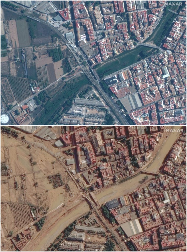 A combination picture shows satellite views of a road and a bridge before (above) and after the floods, in Paiporta, Valencia, Spain, October 18, 2024 and October 31, 2024. Maxar Technologies/Handout via REUTERS THIS IMAGE HAS BEEN SUPPLIED BY A THIRD PARTY. NO RESALES. NO ARCHIVES. MANDATORY CREDIT. DO NOT OBSCURE LOGO