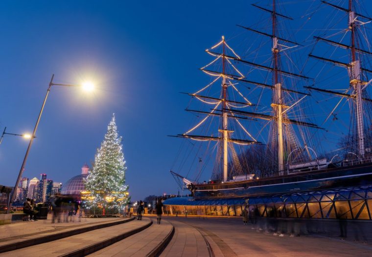 The famous Cutty Sark ship illuminated in Christmas lights, in Greenwich peninsula, London