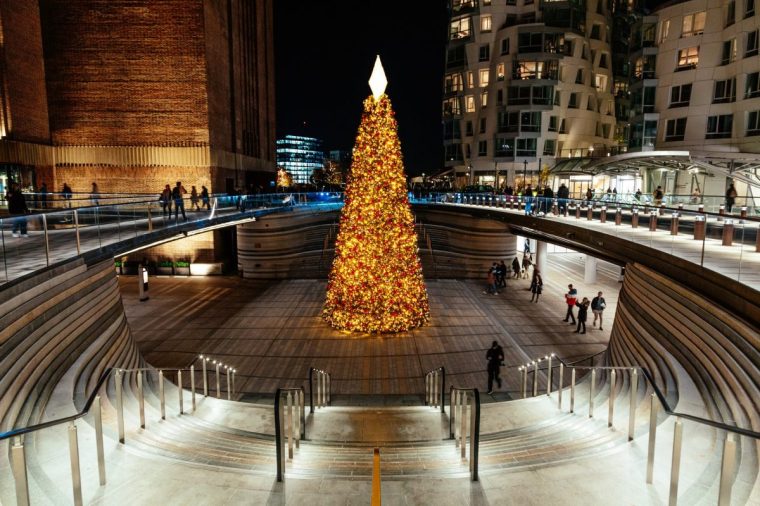 A beautifully decorated tree illuminated at night outside the iconic landmark of Battersea Power Station in central London, UK.