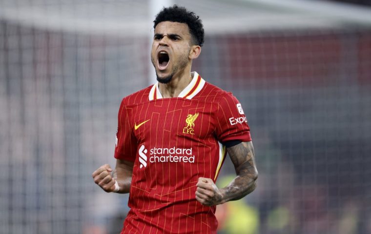 LIVERPOOL, ENGLAND - NOVEMBER 5: Luis Diaz of Liverpool celebrates 3rd goal during the UEFA Champions League 2024/25 League Phase MD4 match between Liverpool FC and Bayer 04 Leverkusen at Anfield on November 5, 2024 in Liverpool, England. (Photo by Richard Sellers/Sportsphoto/Allstar via Getty Images)