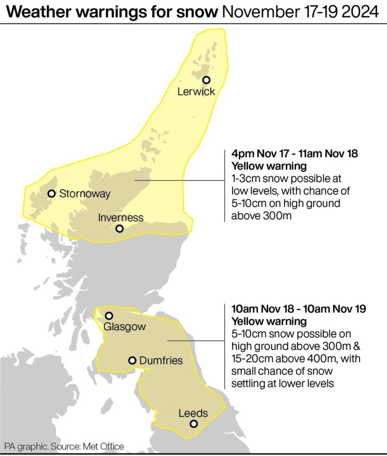 Weather warnings for snow November 17-19 2024. See story WEATHER Snow. Infographic PA Graphics. An editable version of this graphic is available if required. Please contact graphics@pamediagroup.com.