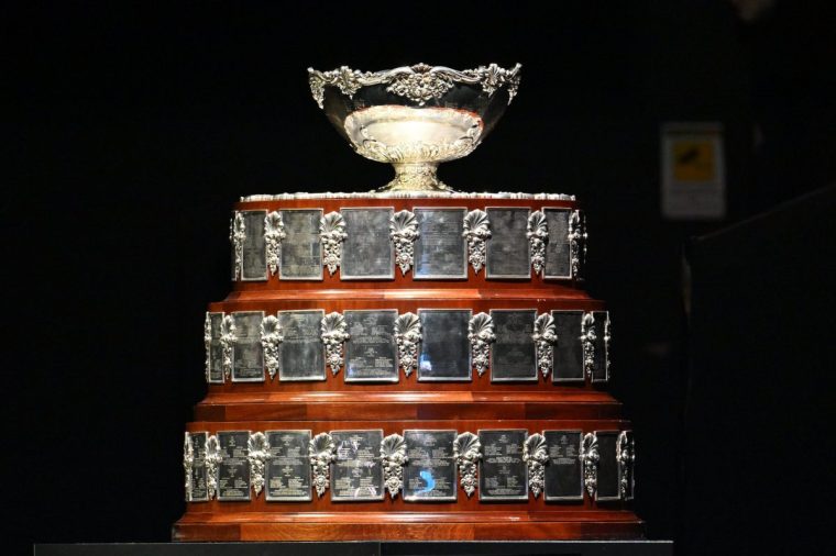 The Davis Cup trophy during the 2024 Davis Cup Finals Group Stage match between Italy and Brazil at Unipol Arena on September 11, 2024, in Bologna, Italy. (Photo by Domenico Cippitelli/NurPhoto via Getty Images)