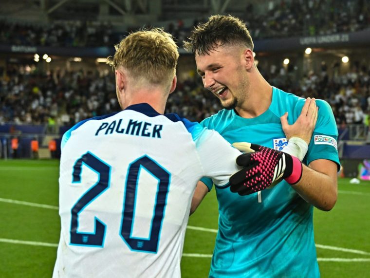 BATUMI, GEORGIA - JULY 8: England goalkeeper James Trafford, right, celebrates with team-mates Cole Palmer after their side's victory in the UEFA Under-21 EURO 2023 Final match between England and Spain at the Batumi Arena on July 8, 2023 in Batumi, Georgia. (Photo by Sam Barnes - Sportsfile/UEFA via Getty Images)