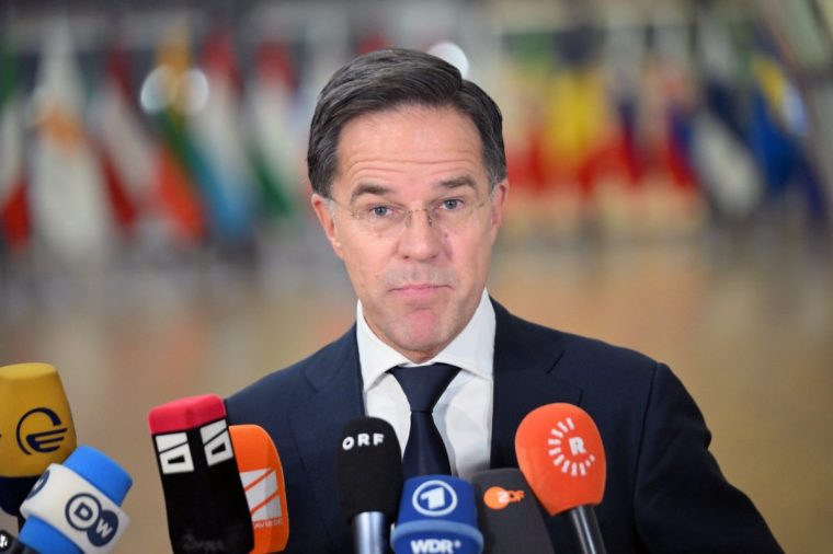 BRUSSELS, BELGIUM - NOVEMBER 19: NATO Secretary General Mark Rutte speaks to the members of press ahead of EU Defense Ministers' meeting in Brussels, Belgium on November 19, 2024. (Photo by Dursun Aydemir/Anadolu via Getty Images)