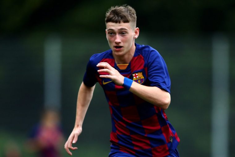 EINDHOVEN, NETHERLANDS - AUGUST 17: Louie Mark Barry of FC Barcelona in action during The Otten Cup match between PSV Eindhoven and FC Barcelona held at De Herdgang, the training ground & youth academy field of PSV Eindhoven on August 17, 2019 in Eindhoven, Netherlands. (Photo by Dean Mouhtaropoulos/Getty Images)