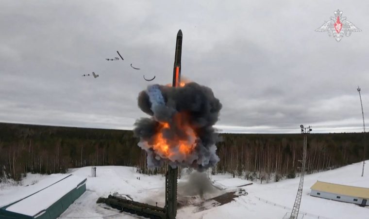 TOPSHOT - A grab taken from handout footage released by the Russian Defence Ministry on March 1, 2024 purport to show the test firing of an ICBM belonging to the country's nuclear deterrence forces. Kyiv accused Russia of launching an intercontinental ballistic missile attack at Ukraine for the first time on November 21, 2024 but without a nuclear warhead in a new escalation of the conflict. (Photo by Russian Defence Ministry / AFP) / RESTRICTED TO EDITORIAL USE - MANDATORY CREDIT "AFP PHOTO / RUSSIAN DEFENSE MINISTRY" - NO MARKETING NO ADVERTISING CAMPAIGNS - DISTRIBUTED AS A SERVICE TO CLIENTS (Photo by -/Russian Defence Ministry/AFP via Getty Images)