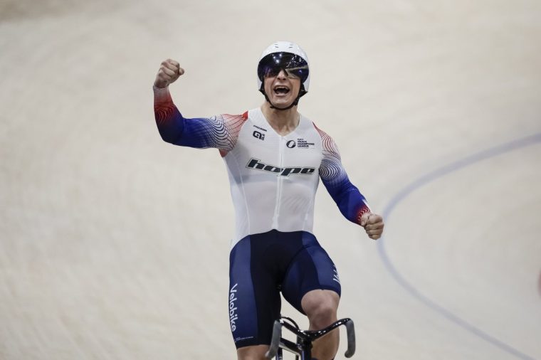 SAINT-QUENTIN-EN-YVELINES, FRANCE - NOVEMBER 23: Matthew Richardson of Great Britain celebrates after winning the sprint during the UCI Track Champions League - Round 1 at National Velodrome on November 23, 2024 in Saint-Quentin-en-Yvelines, France. (Photo by Eurasia Sport Images/Getty Images)