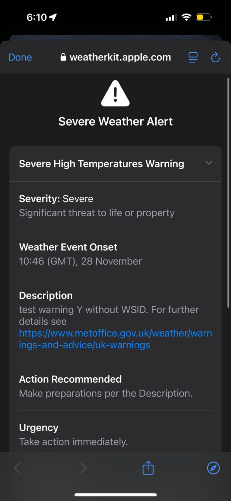 Apple weather test warning mistakenly sent to some users on Thursday morning Screen grab from Apple Weather