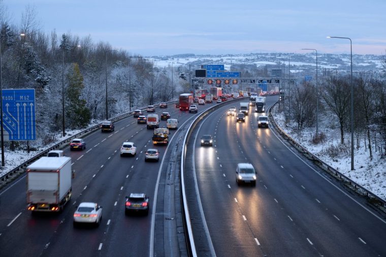 BRADFORD - NOVEMBER 19: A general view over the M62 motorway of traffic commuting on November 19, 2024 in Bradford, United Kingdom. The Met Office has issued warnings for snow and ice across parts of Northern Ireland, Scotland, Northern England, and the Midlands, as a low pressure system from the Atlantic brings freezing temperatures. (Photo by George Wood/Getty Images)