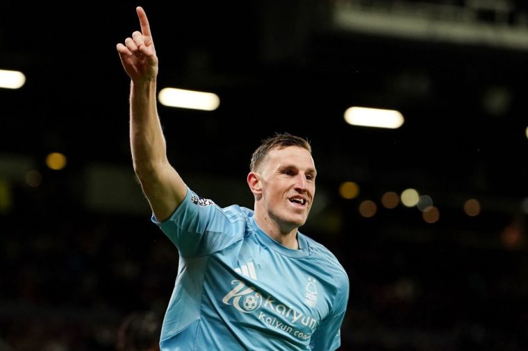 Nottingham Forest's Chris Wood celebrates scoring their side's third goal during the Premier League match at Old Trafford, Manchester. Picture date: Saturday December 7, 2024. PA Photo. See PA story SOCCER Man Utd. Photo credit should read: Martin Rickett/PA Wire. RESTRICTIONS: EDITORIAL USE ONLY No use with unauthorised audio, video, data, fixture lists, club/league logos or "live" services. Online in-match use limited to 120 images, no video emulation. No use in betting, games or single club/league/player publications.