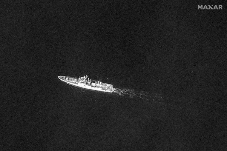 This handout satellite image taken and released by Maxar Technologies on December 10, 2024 shows a Russian naval vessel off the shore of Syria's port city of Tartus. (Photo by Satellite image ??2024 Maxar Technologies / AFP) / RESTRICTED TO EDITORIAL USE - MANDATORY CREDIT "AFP PHOTO / SATELLITE IMAGE ??2024 MAXAR TECHNOLOGIES" - NO MARKETING NO ADVERTISING CAMPAIGNS - DISTRIBUTED AS A SERVICE TO CLIENTS (Photo by -/Satellite image ??2024 Maxar Technologies/AFP via Getty Images)