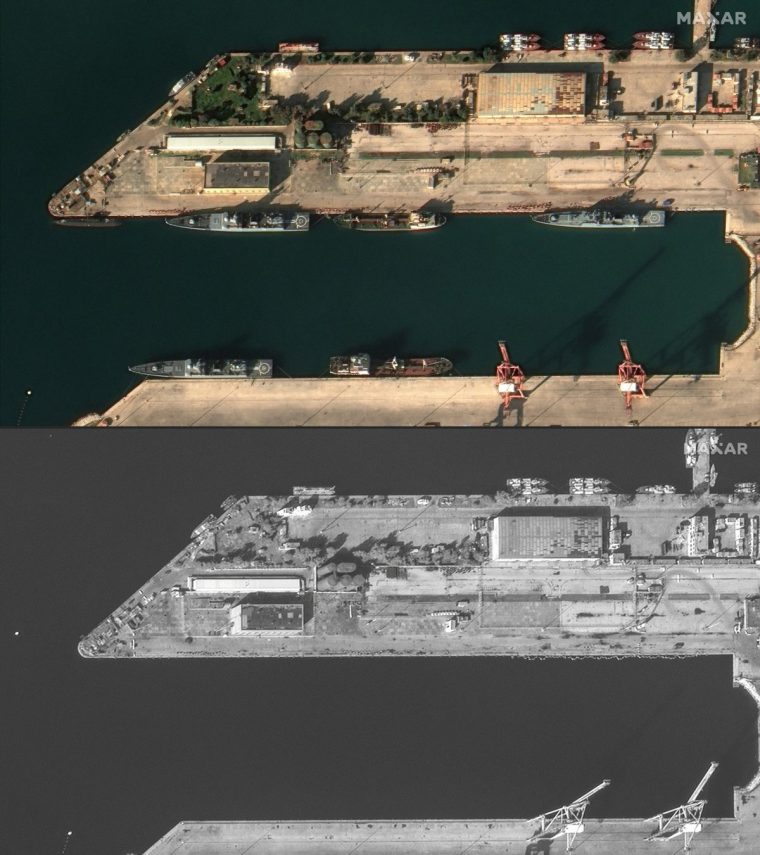 (COMBO) This combination of handout satellite images released by Maxar Technologies on December 10, 2024 shows (top) the Russian naval base at Tartus in western Syria on December 5 and (bottom) the same location after ships departed on December 10. (Photo by Satellite image ??2024 Maxar Technologies / AFP) / RESTRICTED TO EDITORIAL USE - MANDATORY CREDIT "AFP PHOTO / SATELLITE IMAGE ??2024 MAXAR TECHNOLOGIES" - NO MARKETING NO ADVERTISING CAMPAIGNS - DISTRIBUTED AS A SERVICE TO CLIENTS RESTRICTED TO EDITORIAL USE - MANDATORY CREDIT "AFP PHOTO / SATELLITE IMAGE ??2024 MAXAR TECHNOLOGIES" - NO MARKETING NO ADVERTISING CAMPAIGNS - DISTRIBUTED AS A SERVICE TO CLIENTS / (Photo by -/Satellite image ??2024 Maxar Technologies/AFP via Getty Images)