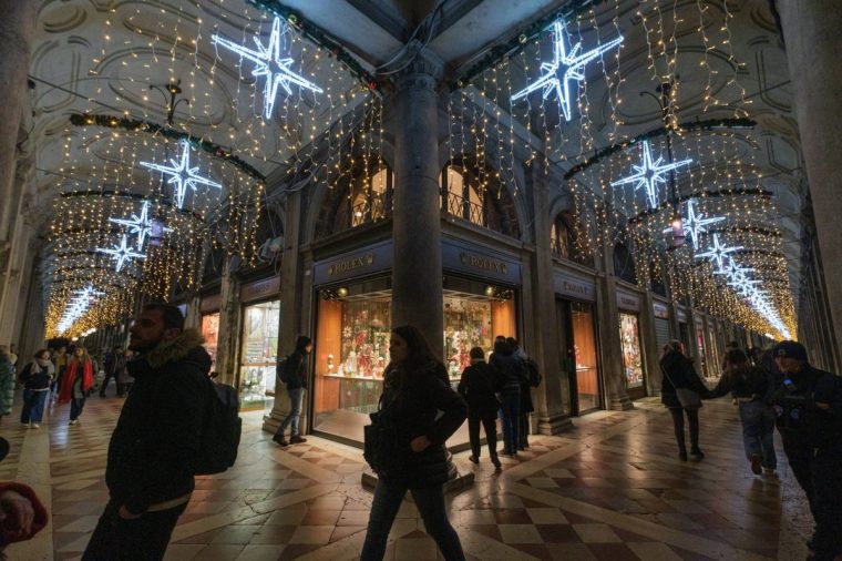 Venice, ITALY - NOVEMBER 22: A view of Christmas decorations which were lit today in St. Mark's Square on November 22, 2024 in Venice, Italy. (Photo by Stefano Mazzola/Getty Images)