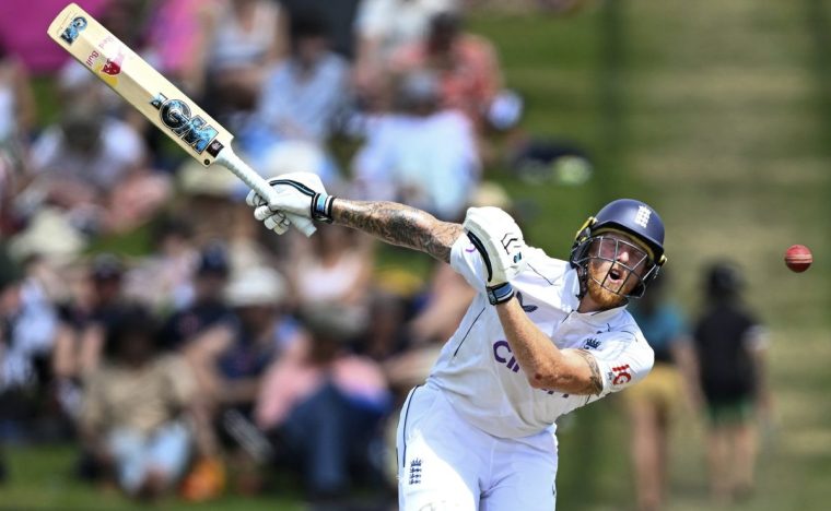 England captain Ben Stokes reacts while batting during play on day two of the third cricket test between England and New Zealand in Hamilton, New Zealand, Sunday, Dec. 15, 2024. (Andrew Cornaga/Photosport via AP)