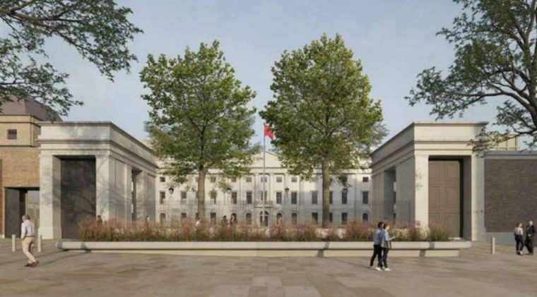 An artist's impression of what the front of the proposed Chinese 'super embassy' would look like, containted in planning application documents (Image: Chinese Embassy UK / David Chipperfield Architects / DP9 / Tower Hamlets Council)