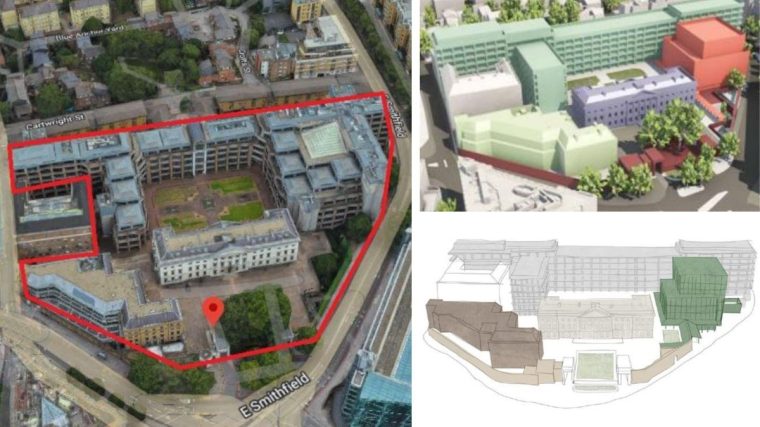 The existing Royal Mint Court complex, seen in the photo on the left with Dave Lake's estate just above it, would be replaced by the proposed embassy comound illustrated on the right (Images: Chinese Embassy UK / David Chipperfield Architects / DP9 / Tower Hamlets Council)