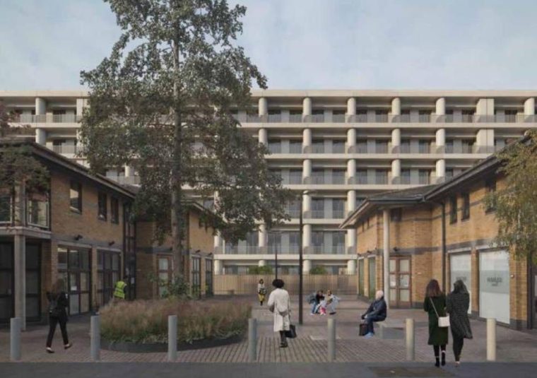 An artist's impression of the proposed embassy accomodation block, with the Royal Mint Court housing estate in the foreground (Image: Chinese Embassy UK / David Chipperfield Architects / DP9 / Tower Hamlets Council)