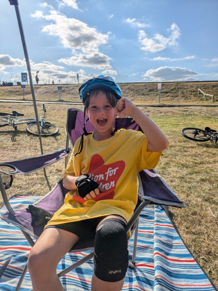 Rowan McDonnell, eight set himself a cycling challenge to cycle as many laps as possible of Draycote Water reservoir as he could in one day. Rowan after completing his cycling challenge (Photo: supplied by Action for Children)