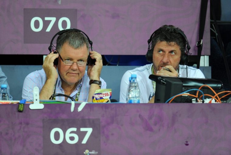 Television commentators Clive Tyldesley and Andy Townsend working for ITV from the United Kingdom - England at Euro 2012 (Photo by AMA/Corbis via Getty Images)