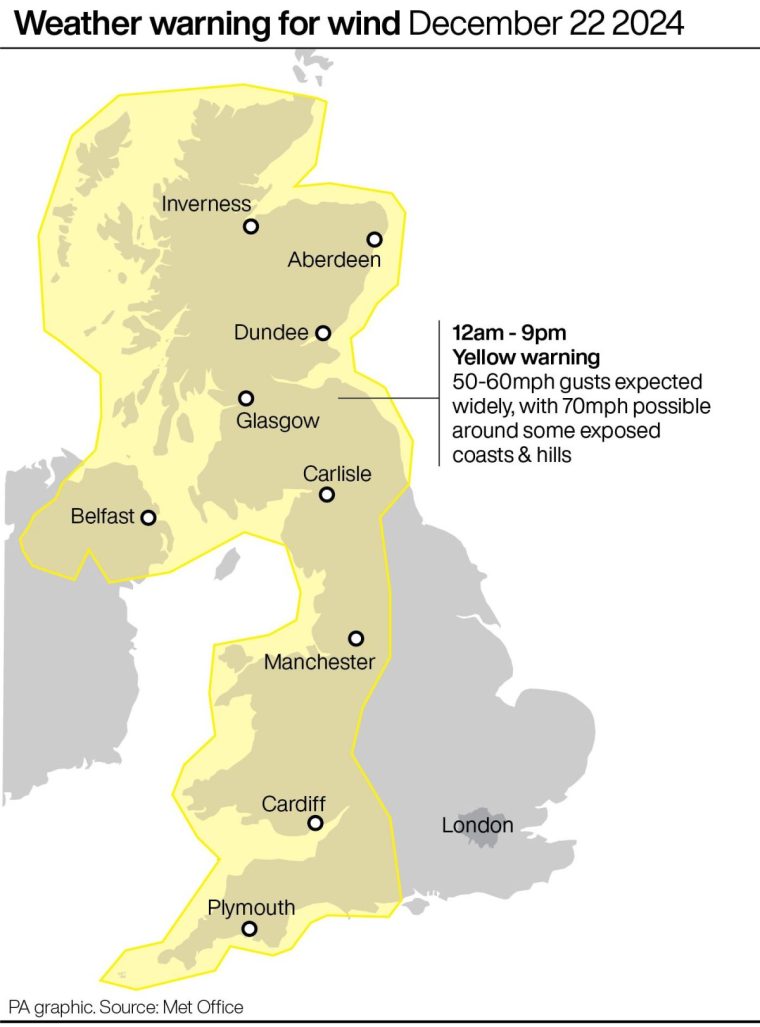 Weather warning for wind December 22 2024. See story WEATHER Christmas. Infographic PA Graphics. An editable version of this graphic is available if required. Please contact graphics@pamediagroup.com.