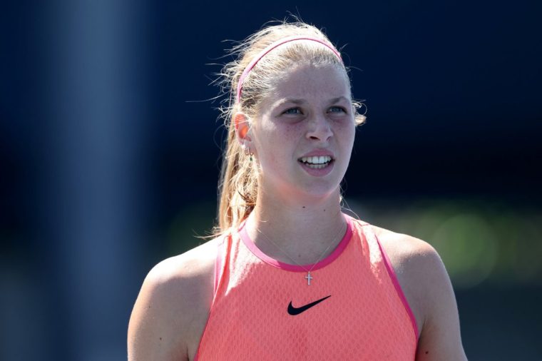 NEW YORK, NEW YORK - SEPTEMBER 02: Hannah Klugman of Great Britain looks on against Sonja Zhenikhova of Germany during their Junior Girls' Singles First Round match on Day Eight of the 2024 US Open at USTA Billie Jean King National Tennis Center on September 02, 2024 in the Flushing neighborhood of the Queens borough of New York City. (Photo by Jamie Squire/Getty Images)