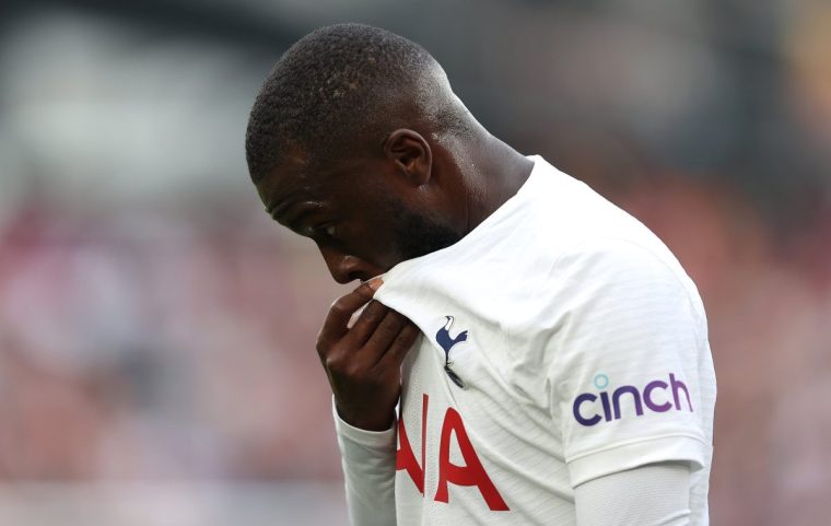 LONDON, ENGLAND - OCTOBER 24: Tanguy Ndombele of Tottenham Hotspur reacts as he leaves the pitch after being substituted during the Premier League match between West Ham United and Tottenham Hotspur at London Stadium on October 24, 2021 in London, England. (Photo by Julian Finney/Getty Images)