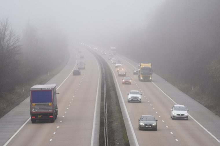 Traffic in foggy conditions on the M3 near Basingstoke. The UK will have dull and drizzly weather over the coming days, with a "wet and rather windy" New Year's Eve on the horizon, the Met Office has said. Picture date: Friday December 27, 2024. PA Photo. Photo credit should read: Andrew Matthews/PA Wire