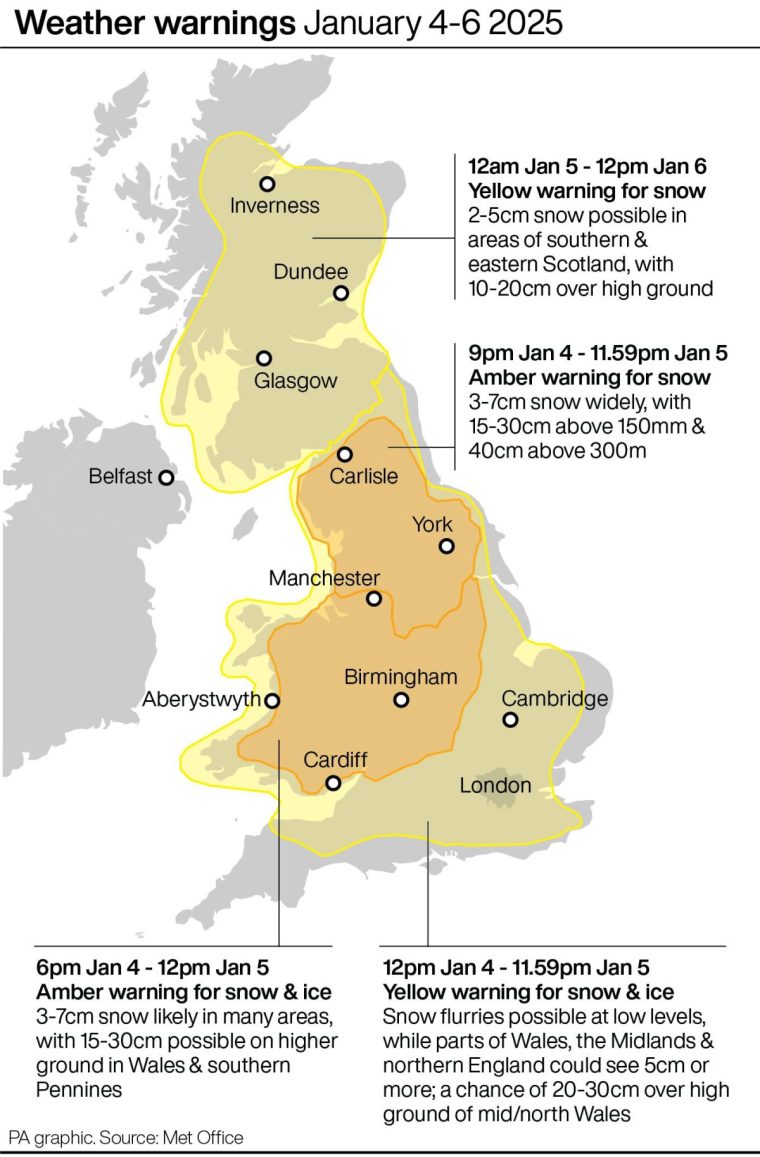 Weather warnings January 4-6 2025. See story WEATHER Winter. Infographic PA Graphics. An editable version of this graphic is available if required. Please contact graphics@pamediagroup.com.