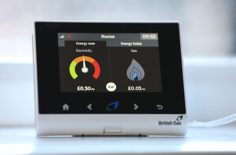 NEWCASTLE-UNDER-LYME, ENGLAND - NOVEMBER 21: A British Gas smart energy meter displaying the current energy usage of gas and electricity in a home on November 21, 2022 in Newcastle Under Lyme, England. (Photo by Nathan Stirk/Getty Images)