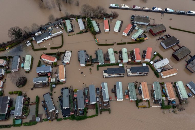 YALDING, ENGLAND - JANUARY 6: In this aerial view, Little Venice Country Park lies submerged in floodwater on January 6, 2025 in Yalding, England. The Met Office has issued a yellow weather warning for rain across southern parts of England, as storms bring more wintery wet weather into Monday. (Photo by Carl Court/Getty Images)