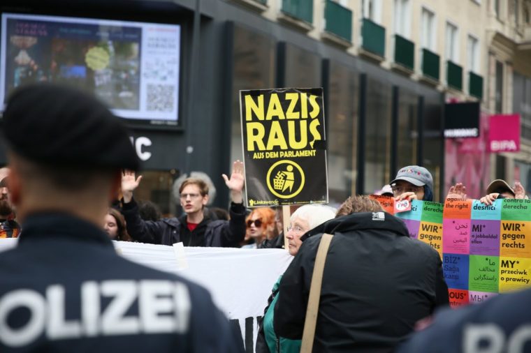 VIENNA, AUSTRIA - SEPTEMBER 27: Police take measures as Herbert Kickl, Chairman of Far-right Freedom Party of Austria (FPO) addresses his supporters during the last election rally held at the St. Stephen's Square ahead of September 29th general elections scheduled for Sunday in Vienna, Austria on September 27, 2024. (Photo by Askin Kiyagan/Anadolu via Getty Images)