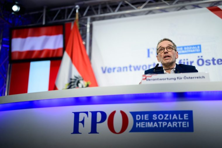 VIENNA, AUSTRIA - OCTOBER 05: Herbert Kickl, leader of the far-right Freedom Party of Austria (FPOe), speaks to the media following last week's Austrian parliamentary election on October 05, 2024 in Vienna, Austria. While the FPOe won the most votes, it is unclear whether the party will be able to form a governing coalition. (Photo by Christian Bruna/Getty Images)