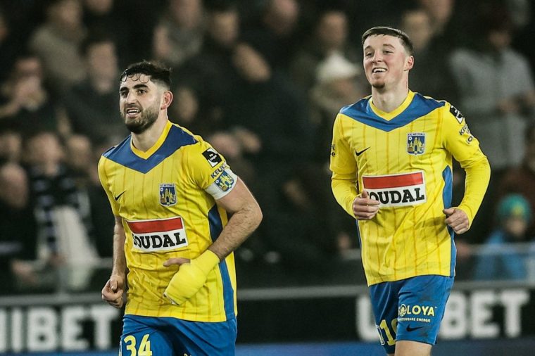 Westerlo's Alfie Devine celebrates after scoring during a soccer match between Club Brugge KV and KVC Westerlo, Thursday 26 December 2024 in Brugge, on day 20 of the 2024-2025 season of the 'Jupiler Pro League' first division of the Belgian championship. The competition was re-baptised 'Younited Pro League' for the games of matchweek 20, to shine a light on the Younited Belgium charity. BELGA PHOTO BRUNO FAHY (Photo by BRUNO FAHY / BELGA MAG / Belga via AFP) (Photo by BRUNO FAHY/BELGA MAG/AFP via Getty Images)