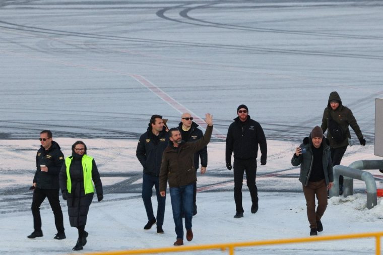 Donald Trump Jr., center, gestures as he arrives in Nuuk, Greenland, Tuesday, Jan. 7, 2025. (Emil Stach/Ritzau Scanpix via AP)