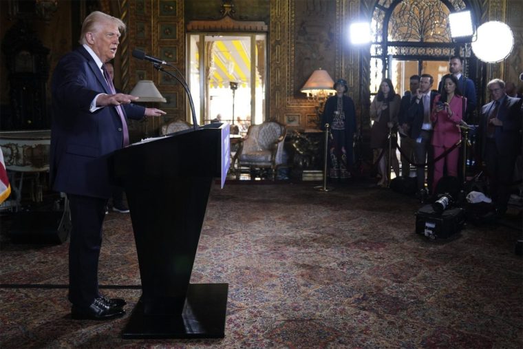 President-elect Donald Trump speaks during a news conference at Mar-a-Lago, Tuesday, Jan. 7, 2024, in Palm Beach, Fla. (AP Photo/Evan Vucci)