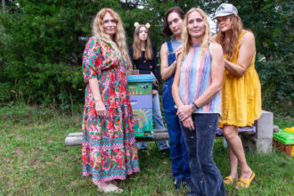 From left: Lisa Schehr, Mae Brouhard, Chloe Schehr, Nikki Wagg and Dawn Overmyer are beekeepers on a 12-acre family farm near Midway, N.C. Their family land, including the beekeeping farm, is in the path of the Transco pipeline expansion. Credit: Lisa Sorg/Inside Climate News