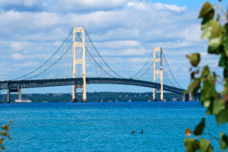 A view of the Straits of Mackinac where Enbridge’s Line 5 pipeline passes underneath in northern Michigan. Credit: Universal Images Group via Getty Images