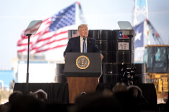 Donald Trump speaks to city officials and employees of Double Eagle Energy on the site of an active oil rig on July 29, 2020 in Midland, Texas. Credit: Montinique Monroe/Getty Images