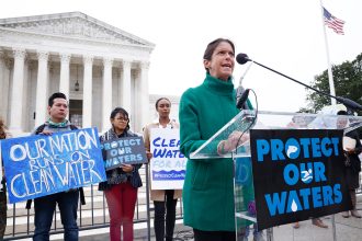 Tiernan Sittenfeld, the League of Conservation Voters Senior Vice President for Government Affairs, advocates to protect waters at a rally outside of the Supreme Court in Washington on Oct. 3, 2022. Credit: Paul Morigi/Getty Images for Protect our Waters