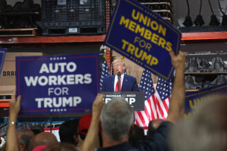 Donald Trump speaks at Drake Enterprises, an auto parts manufacturer, during a campaign rally on Sept. 27, 2023 in Clinton Township, Mich. Credit: Scott Olson/Getty Images