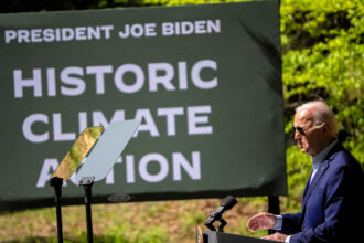 President Joe Biden announces a seven billion dollar "Solar For All" program with the Environmental Protection Agency on April 22 at Prince William Forest Park in Triangle, Va. Credit: Andrew Harnik/Getty Images