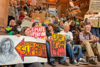 Dozens of people sit or stand on stairs in the New York Capitol, many holding signs. Among them: "Pass the Climate Superfund," "Our Future Is on the Line," "Help Us!"