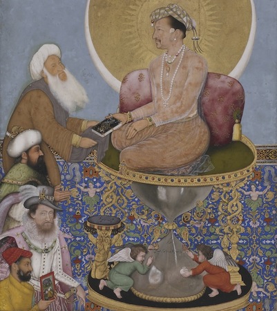 Emperor on a pedestal (detail), Bichtir, Jahangir Preferring a Sufi Shaikh to Kings from the "St. Petersburg Album," 1615-1618, opaque watercolor, gold and ink on paper, 18 x 25.3 cm (Freer|Sackler: The Smithsonian's Museums of Asian Art)