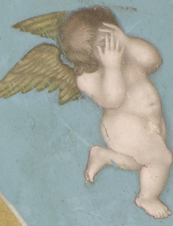 Crying putto (detail), Bichtir, Jahangir Preferring a Sufi Shaikh to Kings from the "St. Petersburg Album," 1615-1618, opaque watercolor, gold and ink on paper, 18 x 25.3 cm (Freer|Sackler: The Smithsonian's Museums of Asian Art)