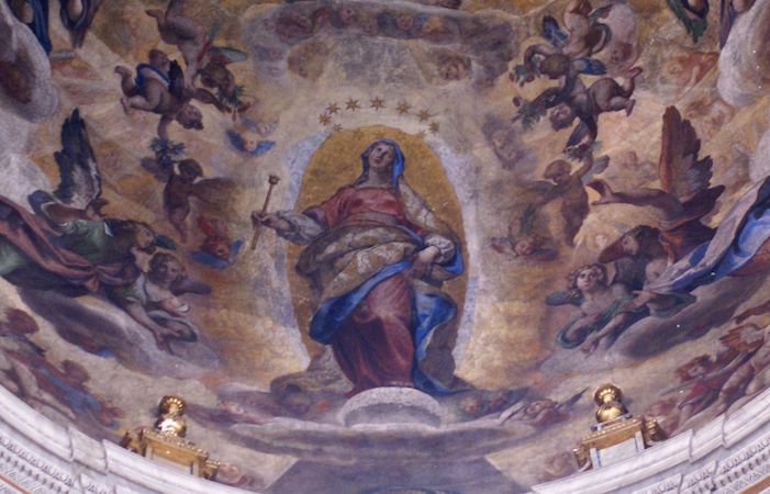 Virgin Mary (detail) "clothed with the sun, and the moon under her feet" (Apocalypse 12:1), Ludovico Cigoli, Assumption of the Virgin, 1612, fresco, Pauline Chapel, Santa Maria Maggiore