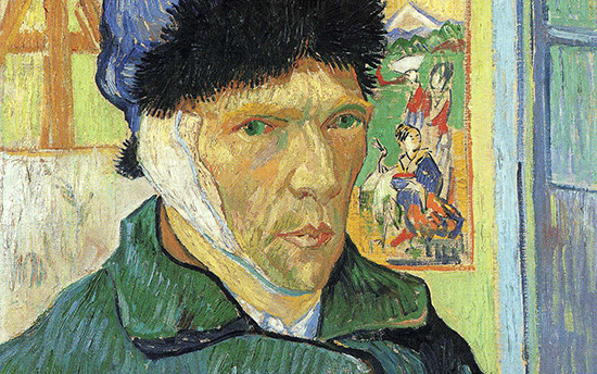 The artist's face and bandaged ear (detail), Vincent van Gogh, Self-Portrait with Bandaged Ear, 1889, oil on canvas, 60 x 49 cm (Courtauld Galleries, London)