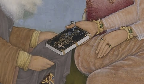 Shaikh's bare hands and the bejeweled hands of Jahangir (detail), Bichtir, Jahangir Preferring a Sufi Shaikh to Kings from the "St. Petersburg Album," 1615-1618, opaque watercolor, gold and ink on paper, 180 x 253 cm (Freer|Sackler: The Smithsonian's Museums of Asian Art)